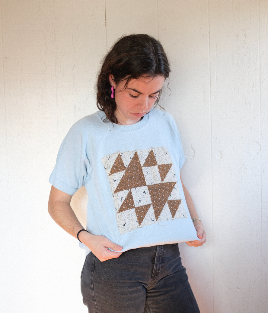 Quilt Patch Pullover Tee - Light Blue M/L