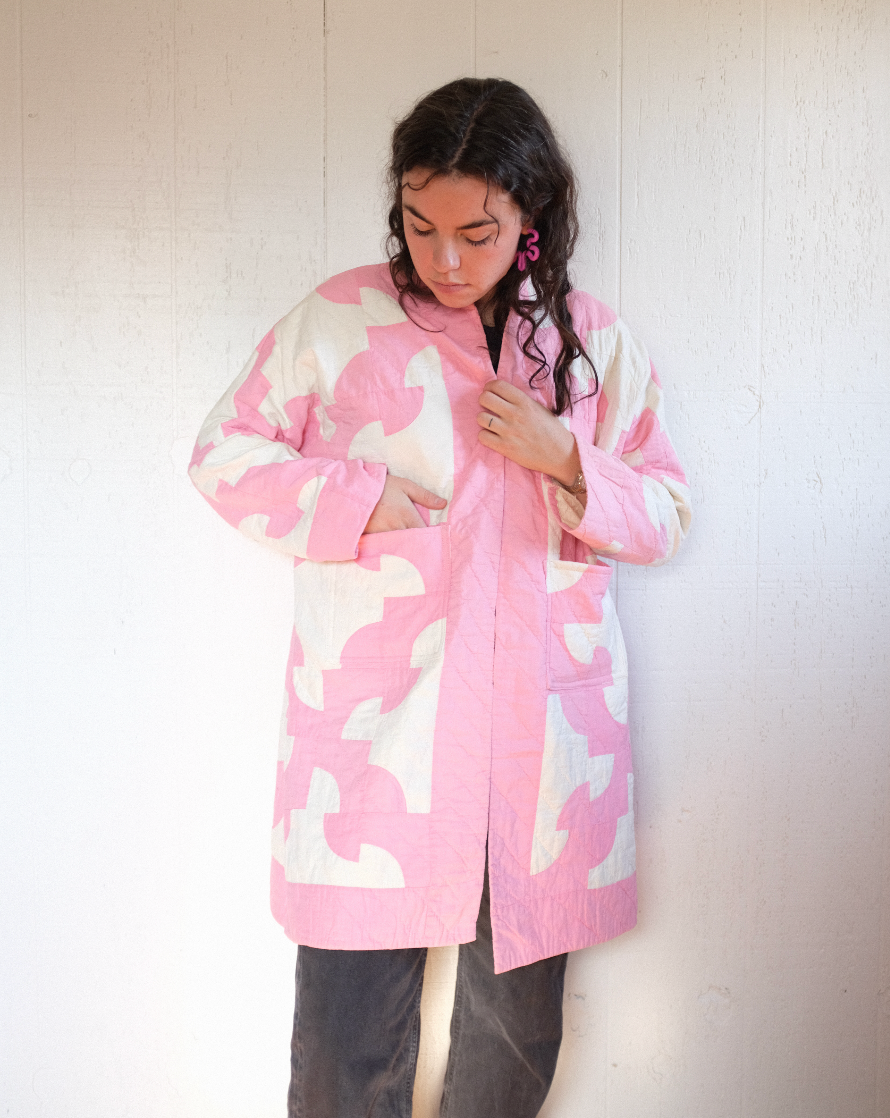 Quilt Coat - Pink + White Long