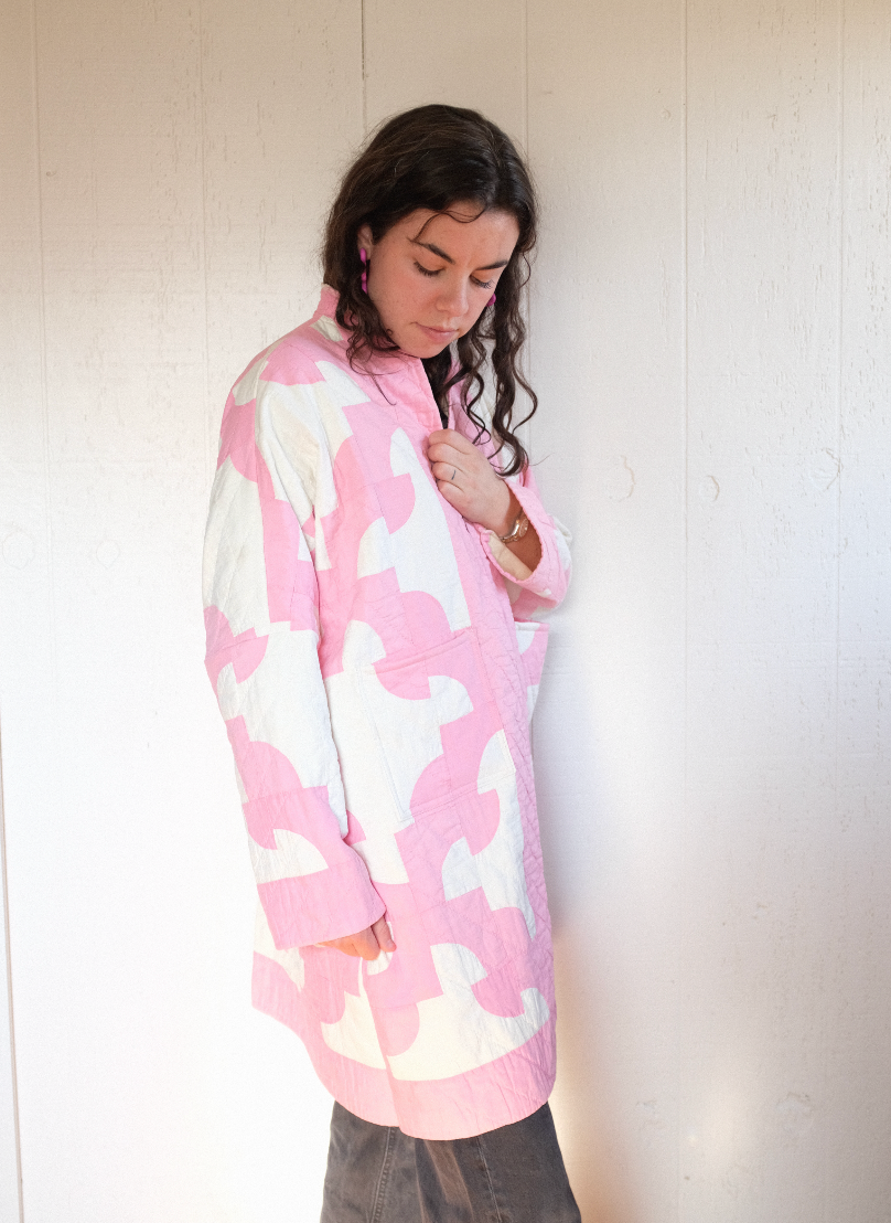 Quilt Coat - Pink + White Long