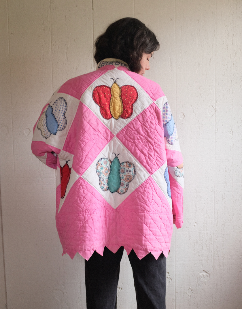 Quilt Coat - Pink Applique Butterflies + Snaps
