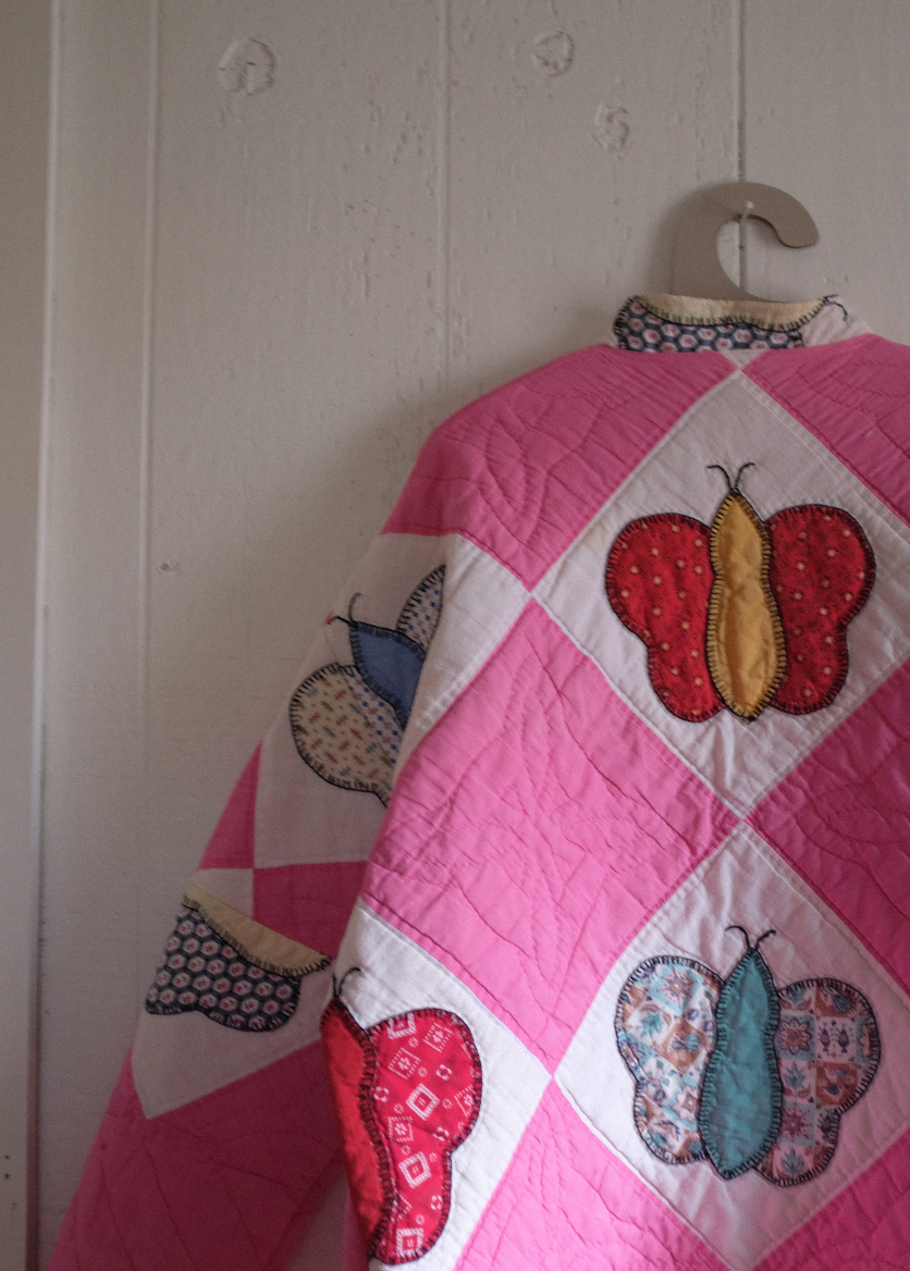 Quilt Coat - Pink Applique Butterflies + Snaps