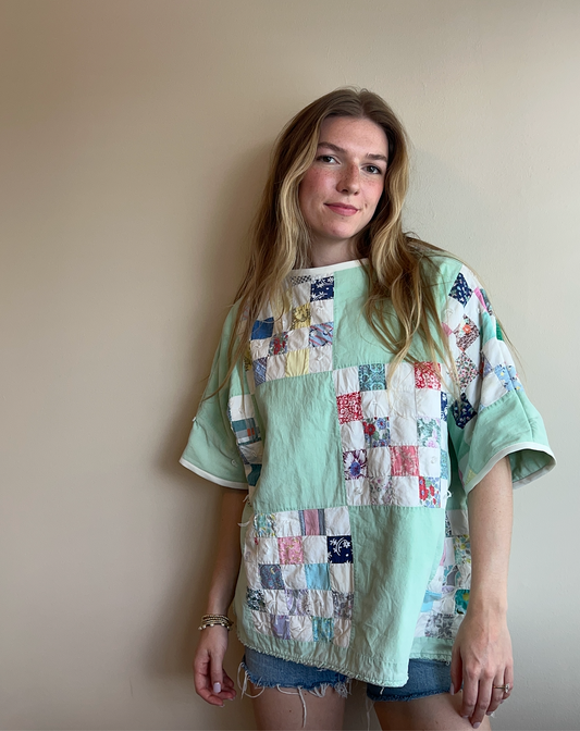 Short Sleeve Quilt Tee- Mint Checkerboard