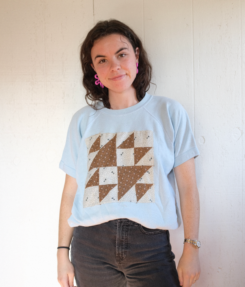 Quilt Patch Pullover Tee - Light Blue M/L