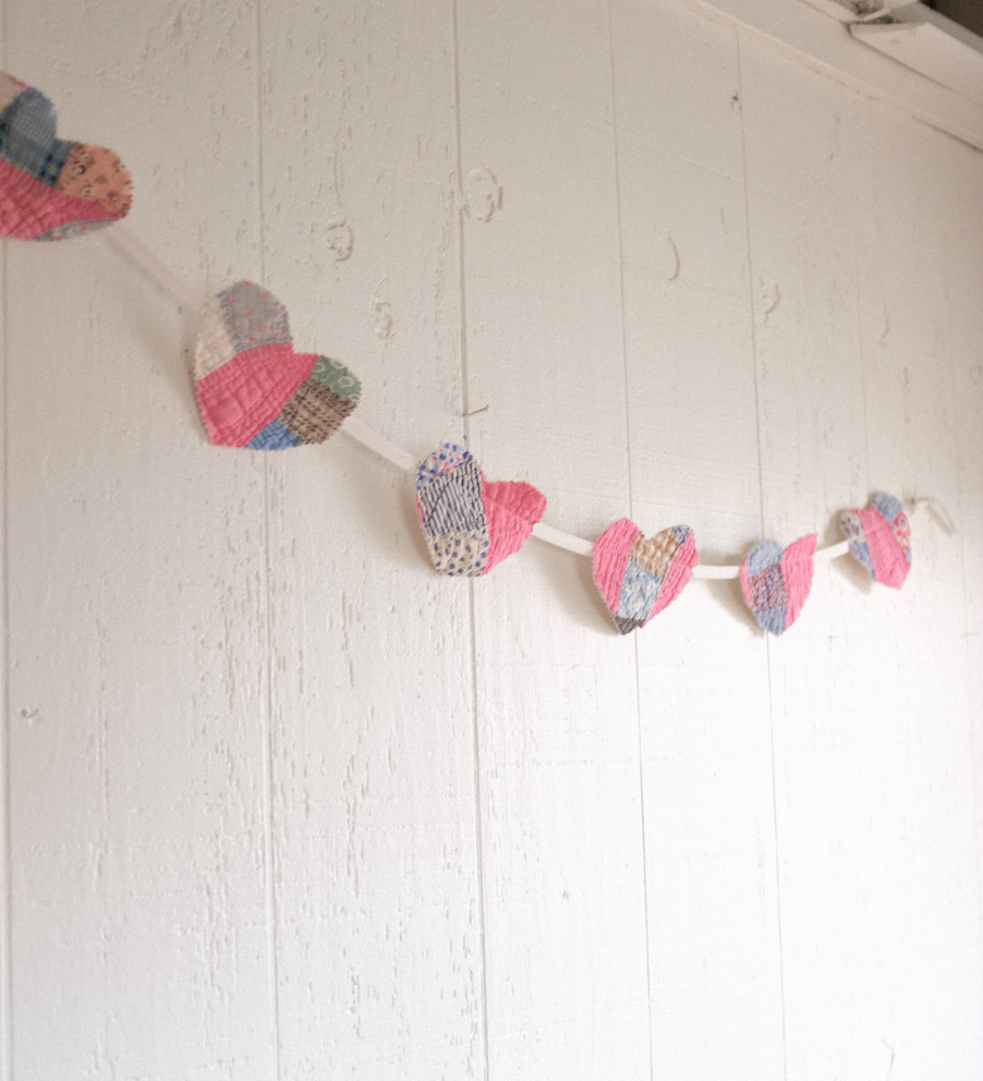 Quilt Heart Bunting - Pink Feed Sack