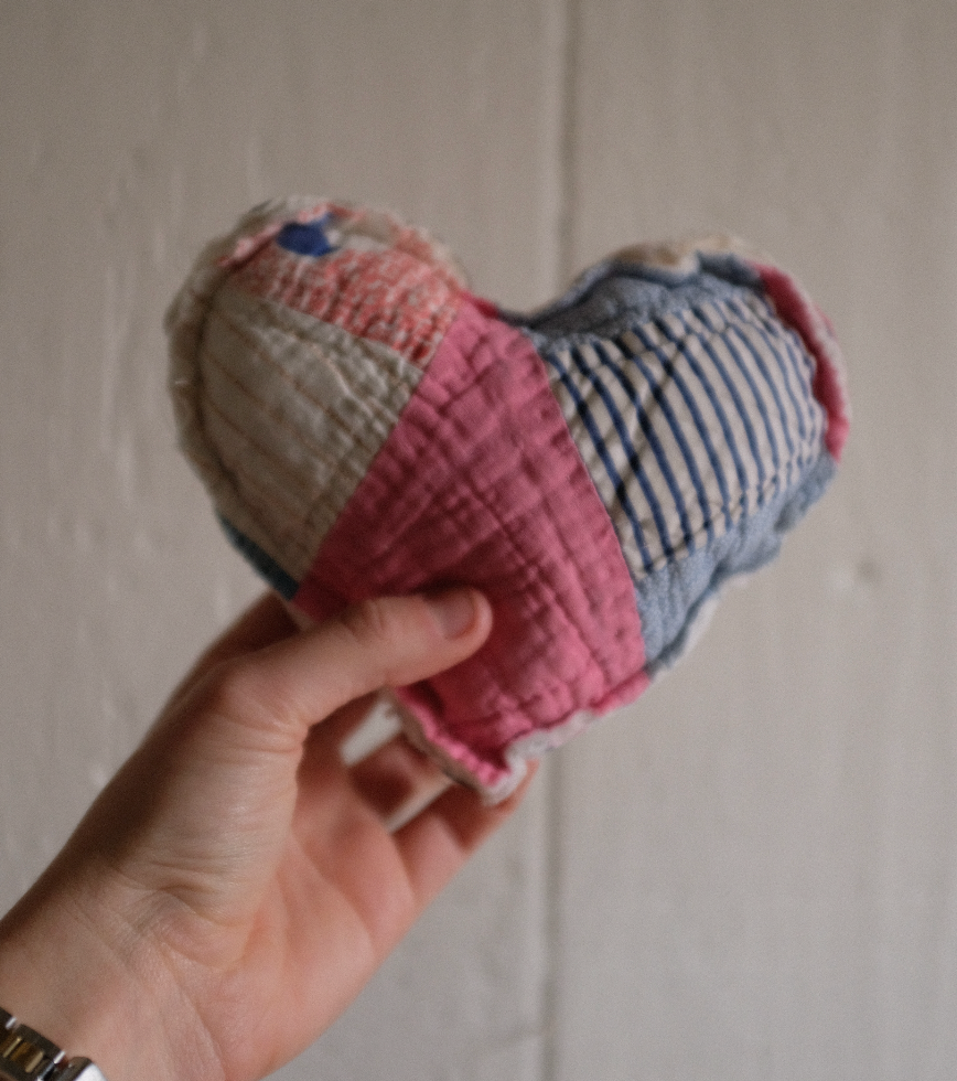 Stuffed Quilt Heart - Pink Feed Sack